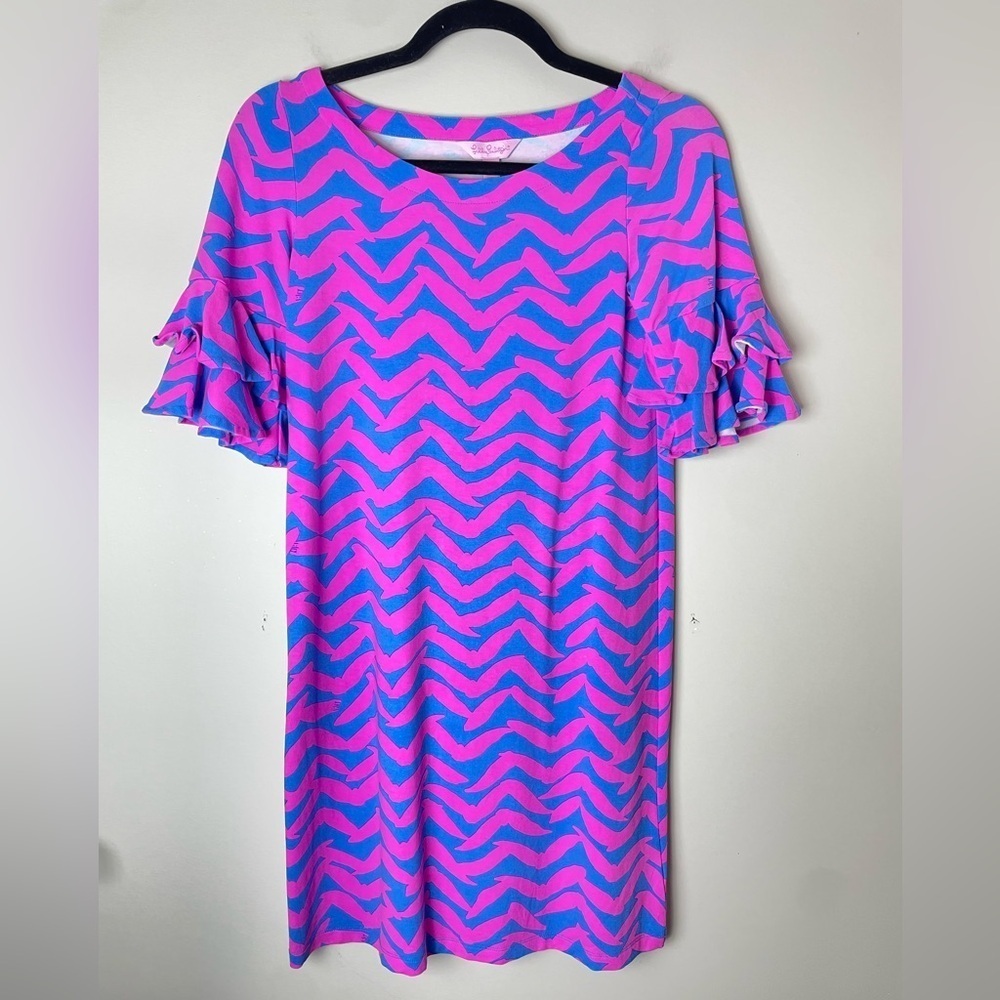 Lilly Pulitzer Dress Womens Size XXS Pink Blue Ruffle Sleeve Abstract Colorful